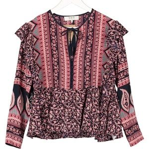 BEAUTIFUL SEA NEW YORK 100% SILK NAVY/RED RUFFLE TASSEL BLOUSE, WORN ONCE